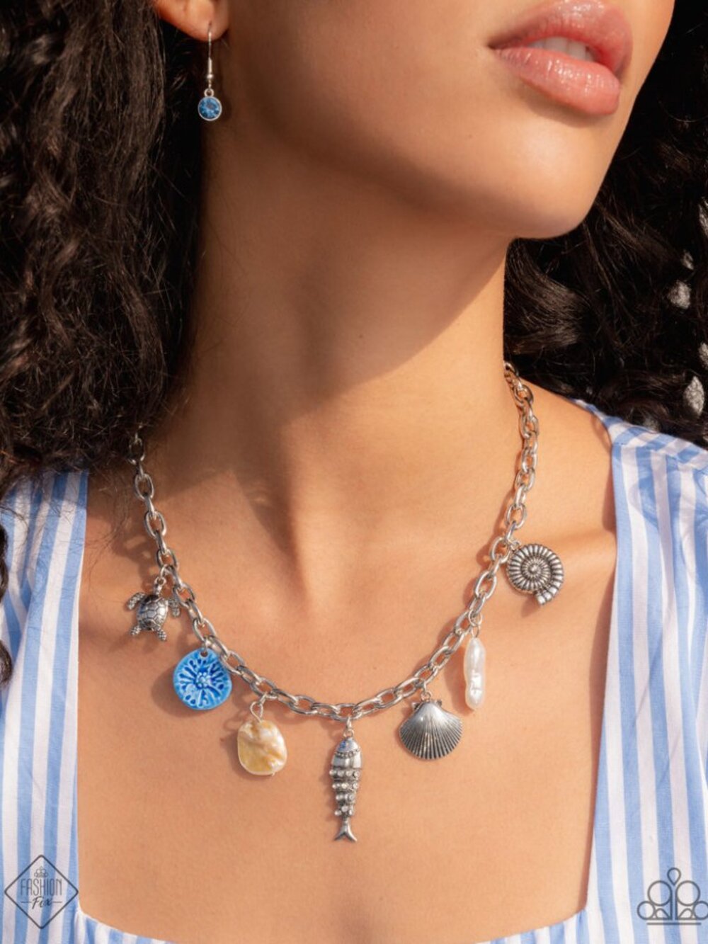 Multi-Charm necklace with fish, turtle, pearl, shell - Coastal Climb Multi Blue